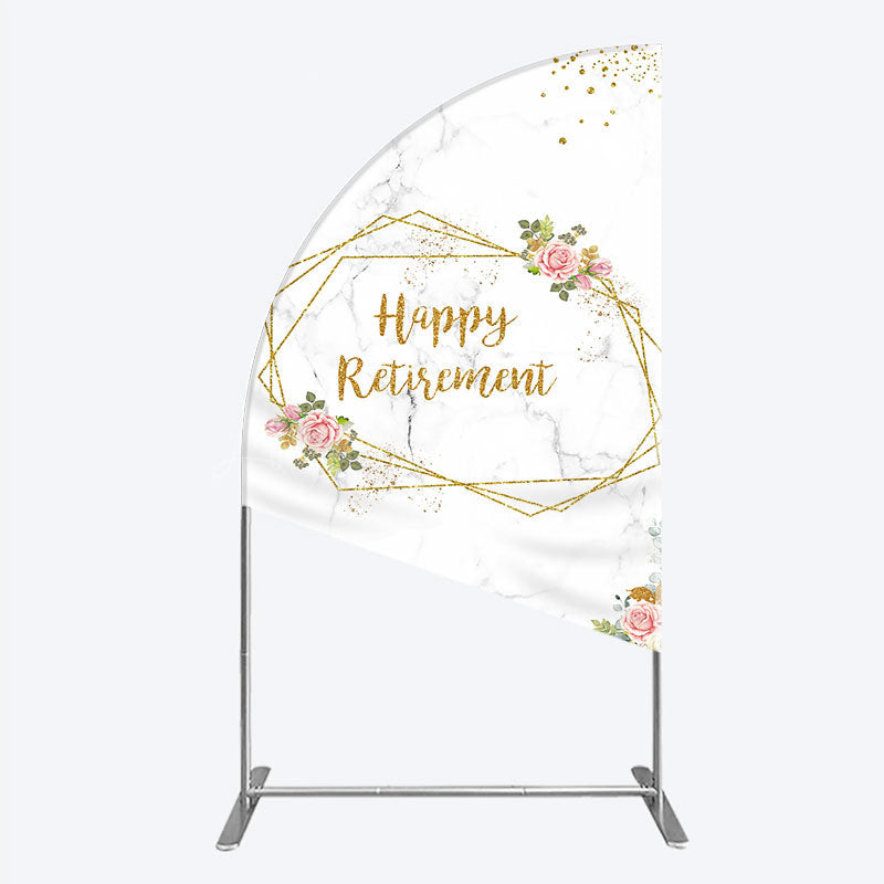 Lofaris Happy Retirement Half Moon Arch Backdrop with Pink Floral and Gold Frame Elegant Marble Party Photo Booth Decor for Women