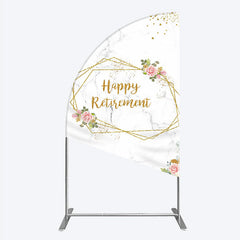 Lofaris Happy Retirement Half Moon Arch Backdrop with Pink Floral and Gold Frame Elegant Marble Party Photo Booth Decor for Women