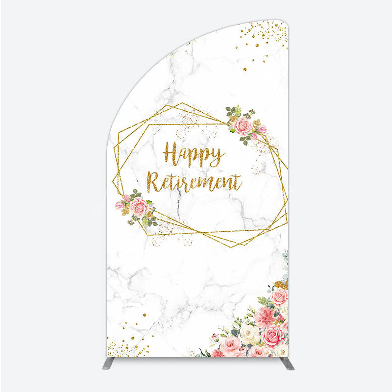Lofaris Happy Retirement Half Moon Arch Backdrop with Pink Floral and Gold Frame Elegant Marble Party Photo Booth Decor for Women