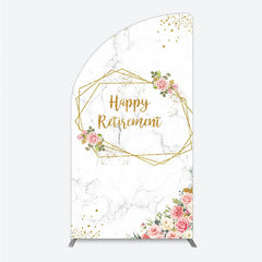 Lofaris Happy Retirement Half Moon Arch Backdrop with Pink Floral and Gold Frame Elegant Marble Party Photo Booth Decor for Women