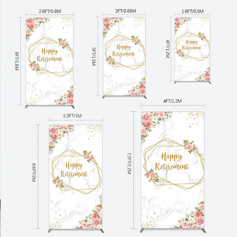 Lofaris Happy Retirement Rectangle Backdrop with Pink Floral and Gold Frame Elegant Marble Party Photo Booth Decor for Women