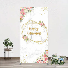 Lofaris Happy Retirement Rectangle Backdrop with Pink Floral and Gold Frame Elegant Marble Party Photo Booth Decor for Women