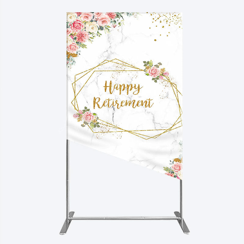 Lofaris Happy Retirement Rectangle Backdrop with Pink Floral and Gold Frame Elegant Marble Party Photo Booth Decor for Women