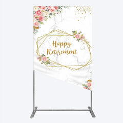 Lofaris Happy Retirement Rectangle Backdrop with Pink Floral and Gold Frame Elegant Marble Party Photo Booth Decor for Women