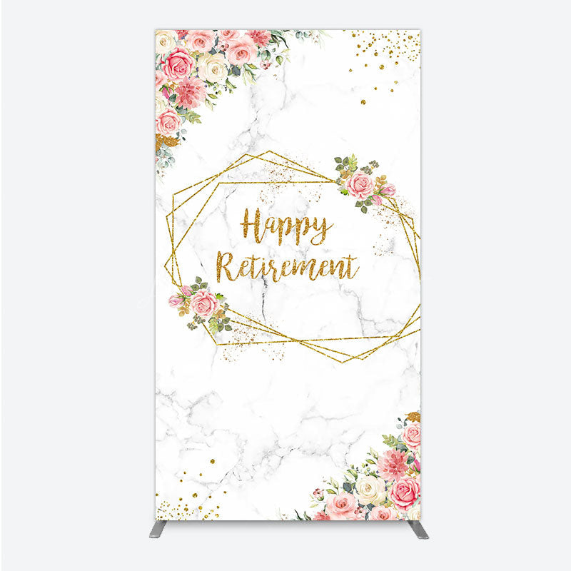 Lofaris Happy Retirement Rectangle Backdrop with Pink Floral and Gold Frame Elegant Marble Party Photo Booth Decor for Women