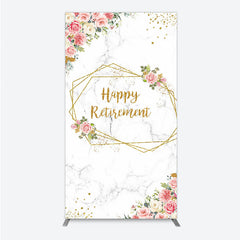 Lofaris Happy Retirement Rectangle Backdrop with Pink Floral and Gold Frame Elegant Marble Party Photo Booth Decor for Women