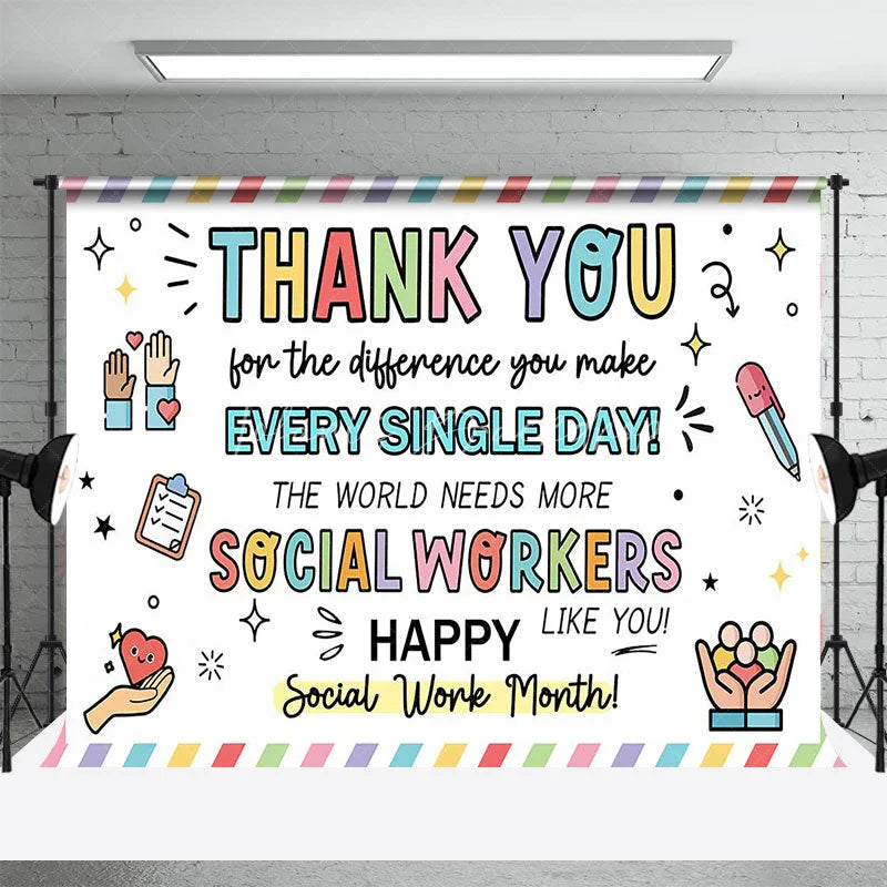 Lofaris Happy Social Work Month Backdrop Thank You Workers Appreciation Background Doodle Office Party Decoration