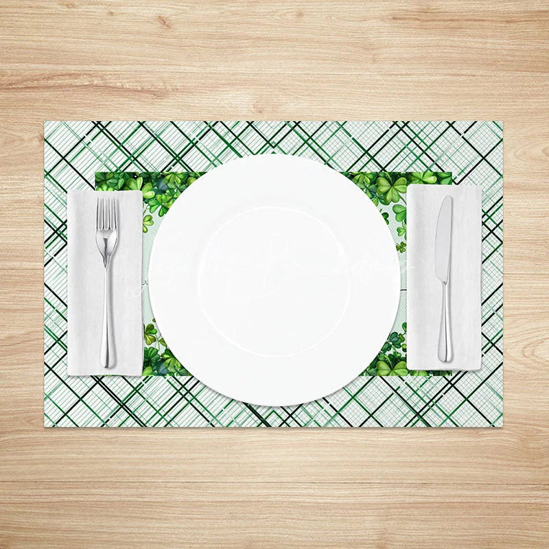 Lofaris Happy St. Patricks Day Plaid Set of 4 Placemats Clover Border and Green Tartan Dining Table Mats