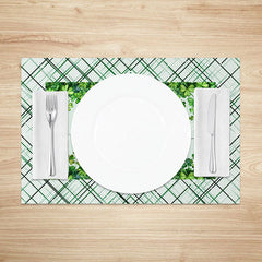 Lofaris Happy St. Patricks Day Plaid Set of 4 Placemats Clover Border and Green Tartan Dining Table Mats