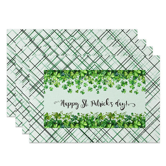 Lofaris Happy St. Patricks Day Plaid Set of 4 Placemats Clover Border and Green Tartan Dining Table Mats