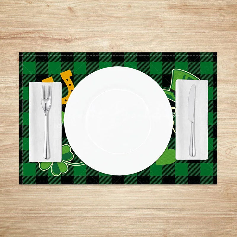 Lofaris Happy St. Patricks Day Set of 4 Placemats Leprechaun Hat and Shamrock Green Buffalo Plaid Table Mats