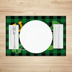 Lofaris Happy St. Patricks Day Set of 4 Placemats Leprechaun Hat and Shamrock Green Buffalo Plaid Table Mats