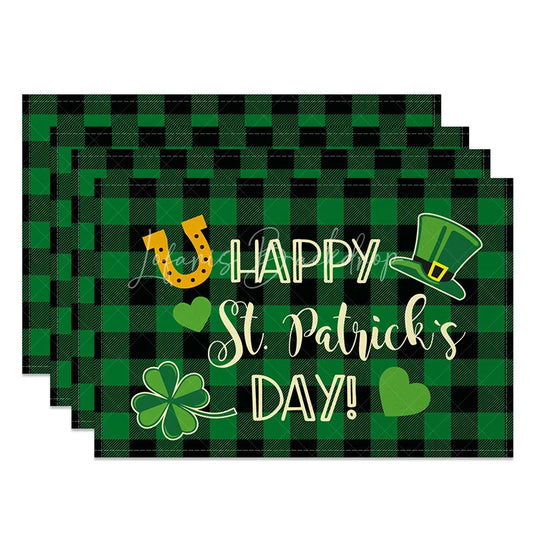 Lofaris Happy St. Patricks Day Set of 4 Placemats Leprechaun Hat and Shamrock Green Buffalo Plaid Table Mats
