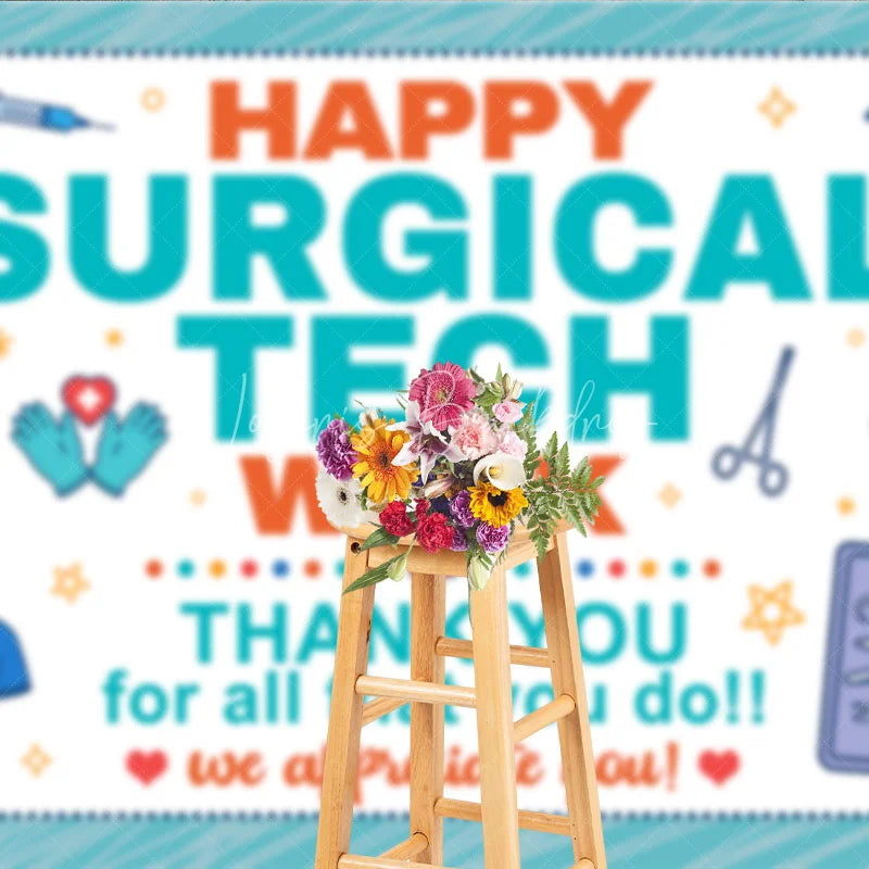 Lofaris Happy Surgical Tech Week Holiday Backdrop Thank You Healthcare Appreciation Decor with Medical Tools
