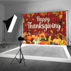 Lofaris Happy Thanksgiving Backdrop Autumn Fall Leaves Turkey Pumpkin Banner Red Plaid Harvest Party Photo Booth Props