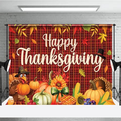 Lofaris Happy Thanksgiving Backdrop Autumn Fall Leaves Turkey Pumpkin Banner Red Plaid Harvest Party Photo Booth Props