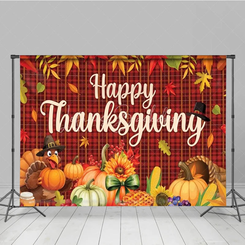 Lofaris Happy Thanksgiving Backdrop Autumn Fall Leaves Turkey Pumpkin Banner Red Plaid Harvest Party Photo Booth Props