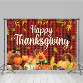 Lofaris Happy Thanksgiving Backdrop Autumn Fall Leaves Turkey Pumpkin Banner Red Plaid Harvest Party Photo Booth Props