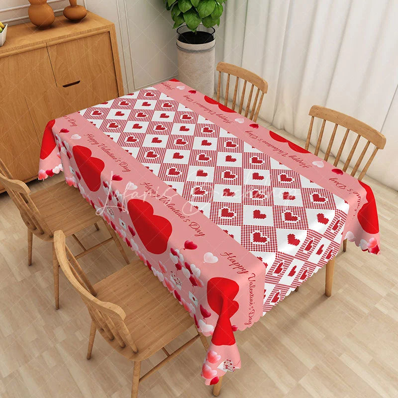 Lofaris Happy Valentine Day Gingham Rectangle Tablecloth Pink Red Heart Check Table Cover Festive Holiday Party Decor