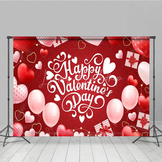Lofaris Happy Valentines Day Backdrop Red Balloons Gift Box White Typography Background Romantic Love Party Photo Studio Prop
