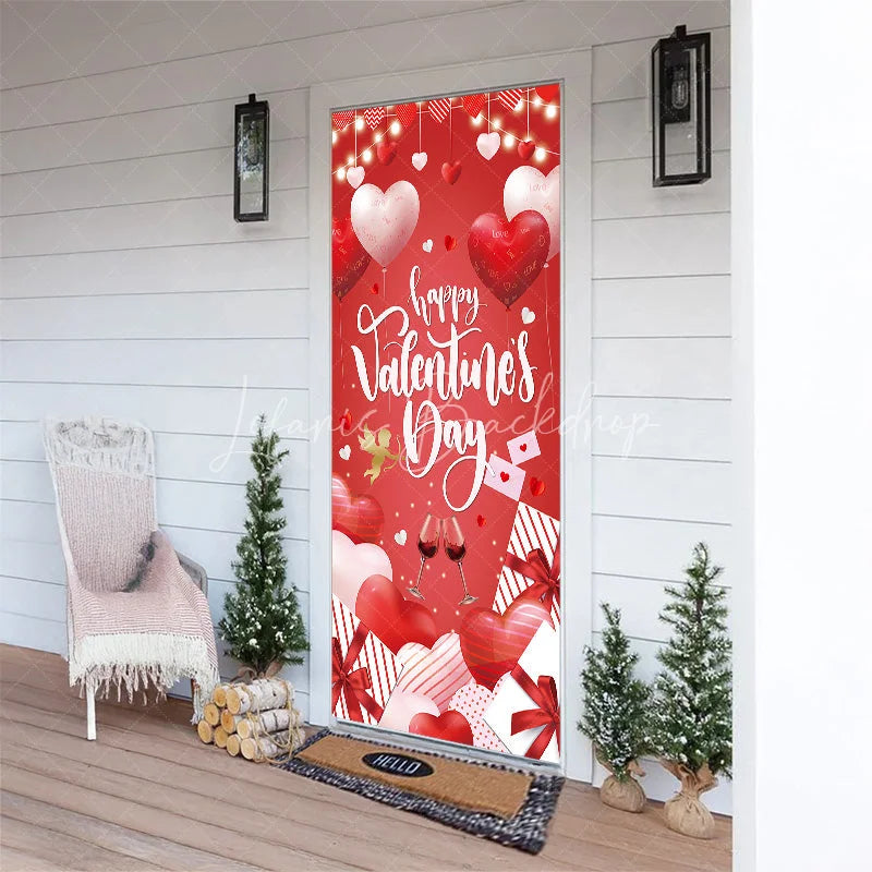 Lofaris Happy Valentine’s Day Door Cover Red Heart Balloon Wine Glass Banner Romantic Front Decoration