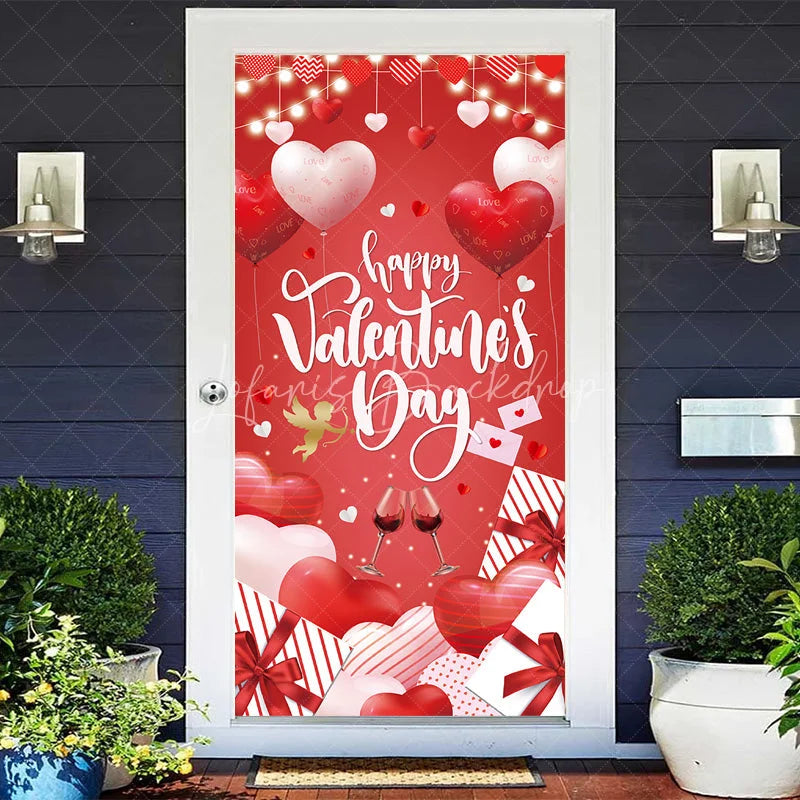 Lofaris Happy Valentine’s Day Door Cover Red Heart Balloon Wine Glass Banner Romantic Front Decoration