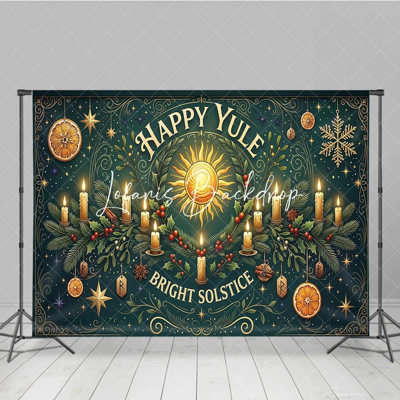 Lofaris Happy Yule Bright Solstice Sun and Candles Winter Holiday Backdrop Festive Greenery with Gold Stars Oranges