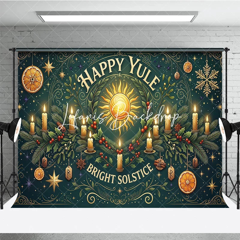 Lofaris Happy Yule Bright Solstice Sun and Candles Winter Holiday Backdrop Festive Greenery with Gold Stars Oranges