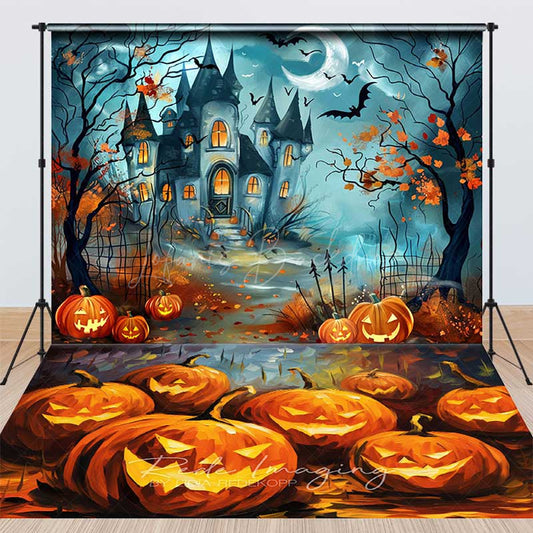 Lofaris Haunted Castle on Halloween Night Combo Set Backdrop Spooky Pumpkins Floor Cartoon Horror Photo Shoots