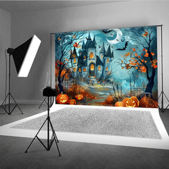 Lofaris Haunted Castle on Halloween Night Photography Backdrop Spooky Pumpkins and Bats Fairytale Horror Photo Shoots