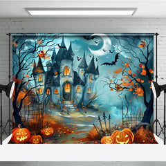 Lofaris Haunted Castle on Halloween Night Photography Backdrop Spooky Pumpkins and Bats Fairytale Horror Photo Shoots