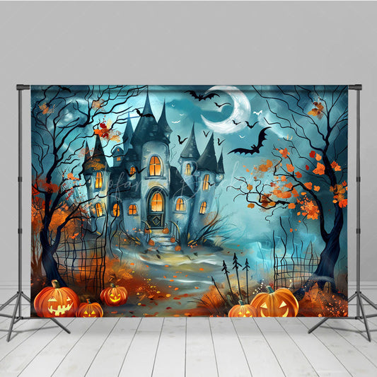 Lofaris Haunted Castle on Halloween Night Photography Backdrop Spooky Pumpkins and Bats Fairytale Horror Photo Shoots