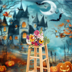 Lofaris Haunted Castle on Halloween Night Photography Backdrop Spooky Pumpkins and Bats Fairytale Horror Photo Shoots