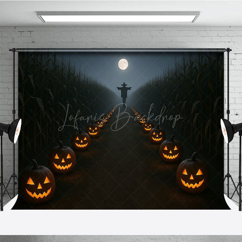 Lofaris Haunted Cornfield Photography Backdrop Spooky Scarecrow and Jack-o-lanterns Halloween Night Photo Background