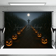 Lofaris Haunted Cornfield Photography Backdrop Spooky Scarecrow and Jack-o-lanterns Halloween Night Photo Background