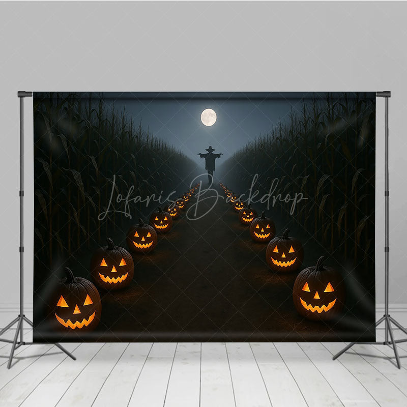 Lofaris Haunted Cornfield Photography Backdrop Spooky Scarecrow and Jack-o-lanterns Halloween Night Photo Background