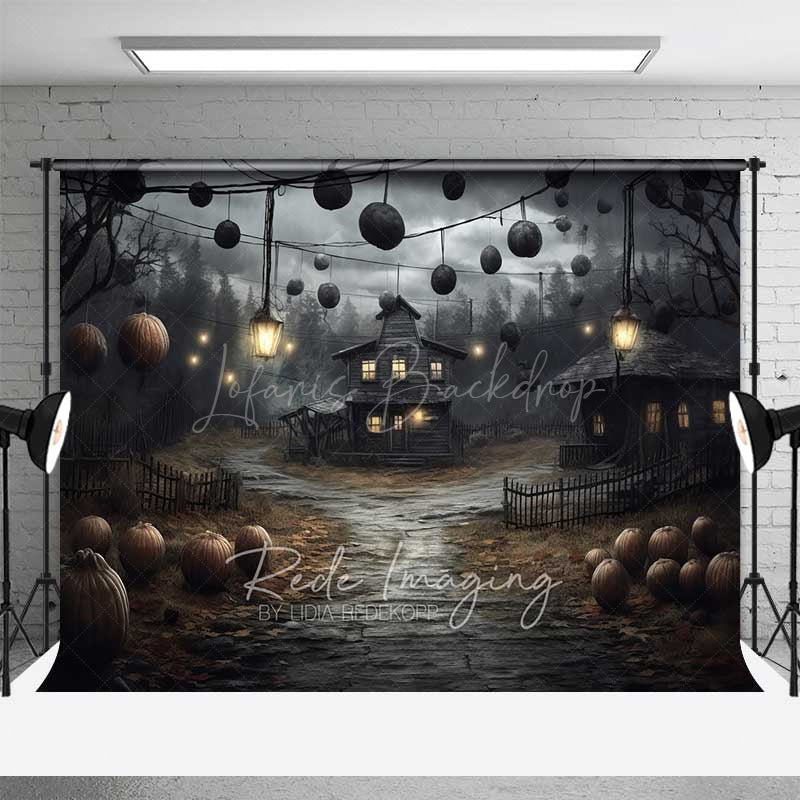 Lofaris Haunted Farmhouse in a Spooky Forest Photography Backdrop Creepy Old House with Lanterns Halloween Night Scenery