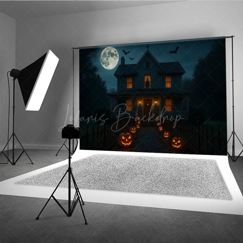 Lofaris Haunted House at Night Photography Backdrop Spooky Full Moon with Jack-o-lanterns Halloween Party Decor