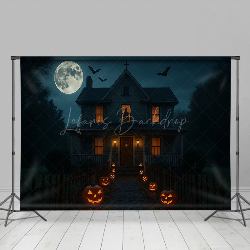 Lofaris Haunted House at Night Photography Backdrop Spooky Full Moon with Jack-o-lanterns Halloween Party Decor
