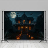 Lofaris Haunted House at Night Photography Backdrop Spooky Full Moon with Jack-o-lanterns Halloween Party Decor