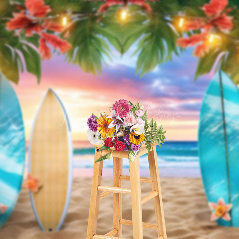 Lofaris Hawaiian Beach Surfboard Sunset Summer Vibe Backdrop