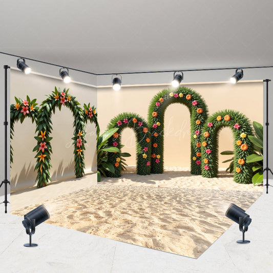 Lofaris Hawaiian Grass Arch Floral Summer Room Set Backdrop