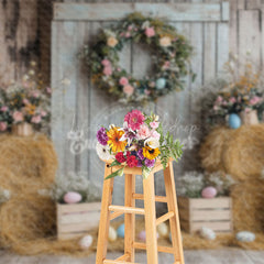 Lofaris Haystack Wooden Wall Colorful Eggs Easter Backdrop