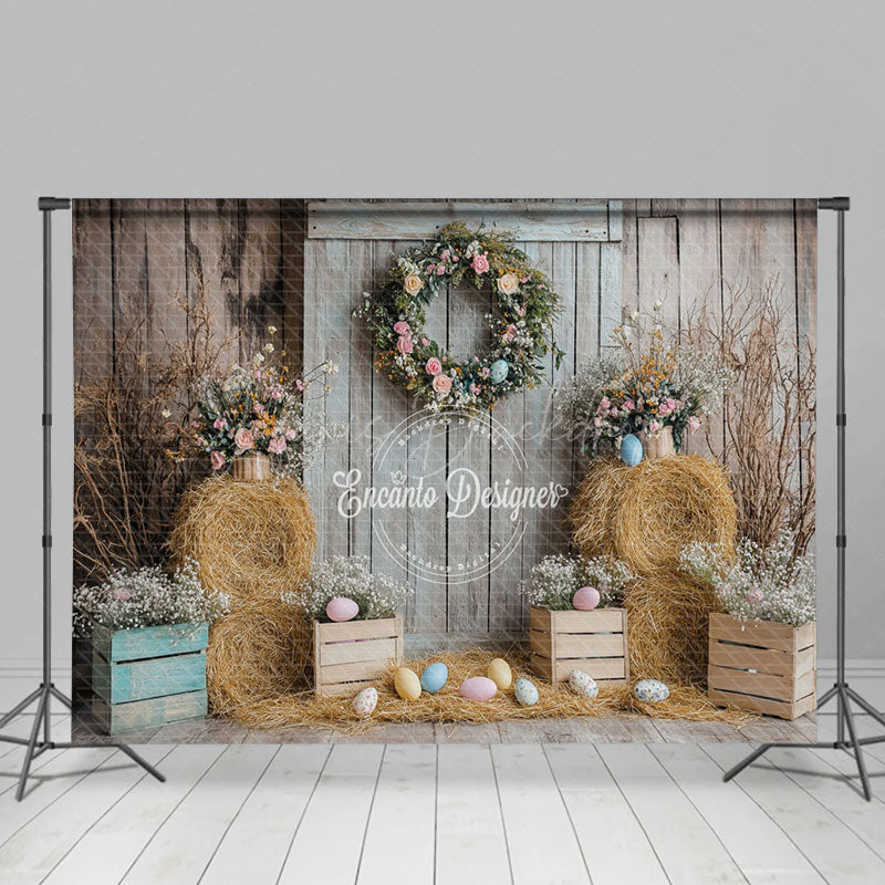 Lofaris Haystack Wooden Wall Colorful Eggs Easter Backdrop