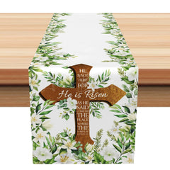 Lofaris He Is Risen Cross Easter Plant Leaves Table Runner