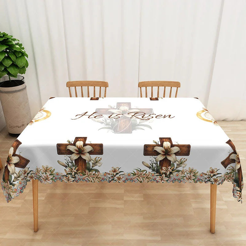 Lofaris He Is Risen Lamb of God Rectangle Tablecloth Religious Easter Sheep Cross Table Cover Christian Holiday Decor