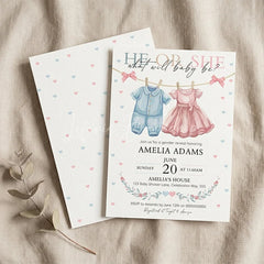 Lofaris He or She Baby Clothes Gender Reveal Invitation Personalized Pink and Blue Hearts Shower Party Decor
