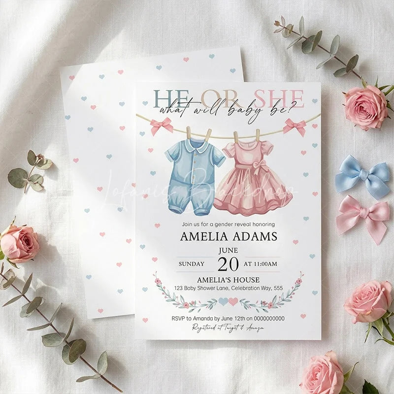 Lofaris He or She Baby Clothes Gender Reveal Invitation Personalized Pink and Blue Hearts Shower Party Decor