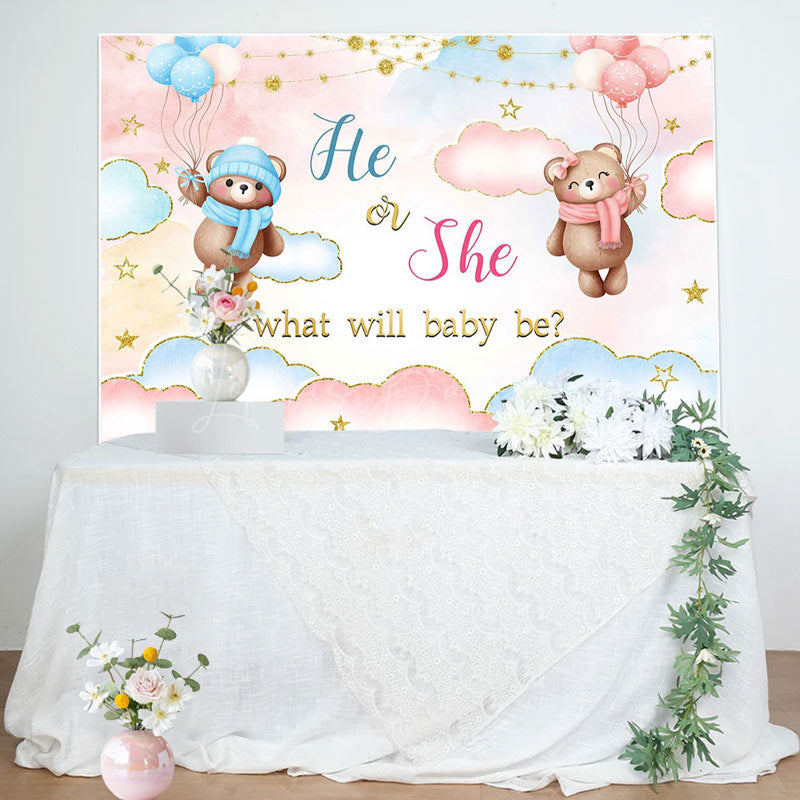 Lofaris He Or She Blue Pink Cloud Bear Gender Reveal Backdrop