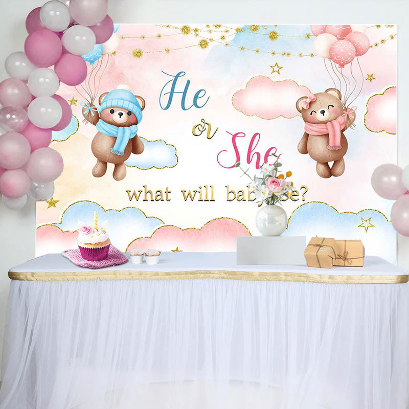 Lofaris He Or She Blue Pink Cloud Bear Gender Reveal Backdrop